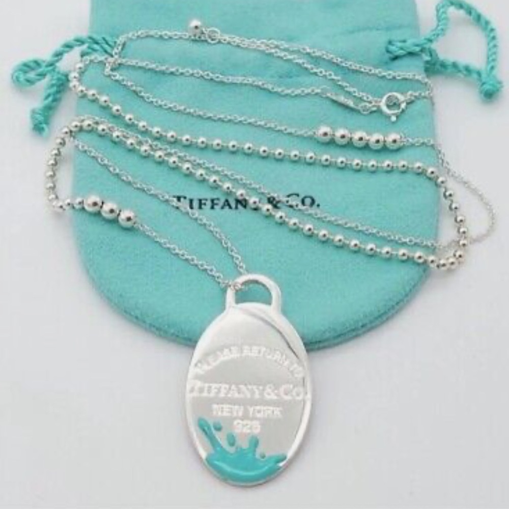 Tiffany & Co Blue Enamel Splash Oval Dog Tag Charm Necklace